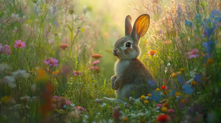 European rabbit sitting quietly in a field, with tall grasses and wildflowers framing it gently from all sides.の素材