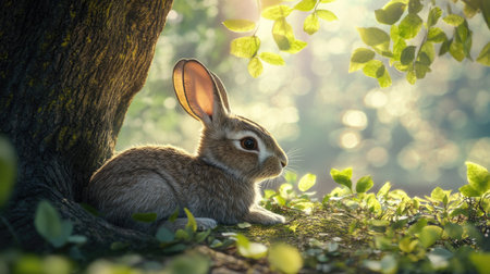 A European rabbit resting under a tree, shaded by foliage, with sunlight filtering through leaves above.の素材