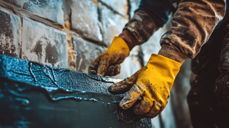 Worker in protective gloves applying mold-resistant silicone in a tiled bathroomの素材