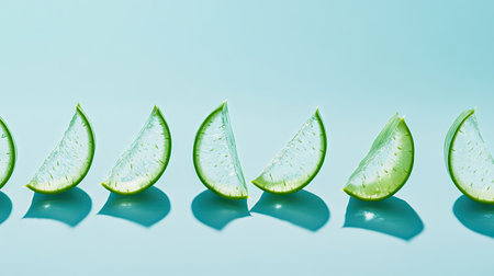 Fresh aloe vera slices arranged in a row, each with visible gel, representing hydration and natural beauty benefits.の素材