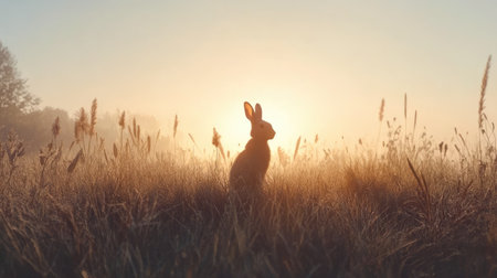 A single European rabbit standing tall among wild grasses, framed by the morning sunlight in a peaceful field.の素材