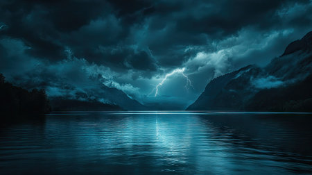 A lake under a stormy night sky, heavy clouds swirling and the water reflecting the distant lightning, creating an eerie, intense vibe.の素材