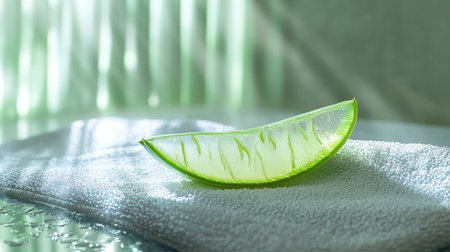 Aloe vera slice with thick, soothing gel exposed, placed on a spa towel, creating a natural skincare product setting.の素材