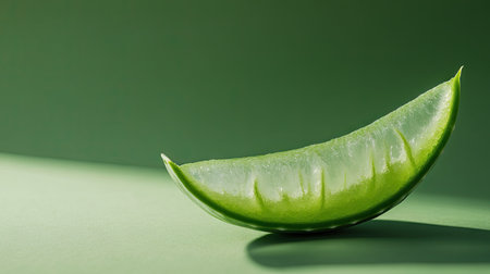 Aloe vera slice with visible gel, set against a green backdrop to enhance the plant's freshness and natural appeal.の素材