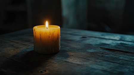 Candle placed on an old wooden table in the dark, flame flickering gently and casting a warm, nostalgic atmosphere.の素材