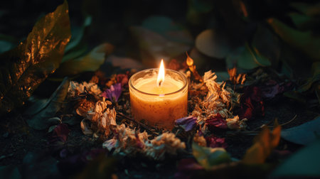 Candle surrounded by dried flowers, burning in the dark, its warm light casting a nostalgic and peaceful vibe.の素材