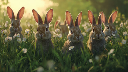 Group of European rabbits foraging together in an open field, each exploring a different part of the green meadow.の素材