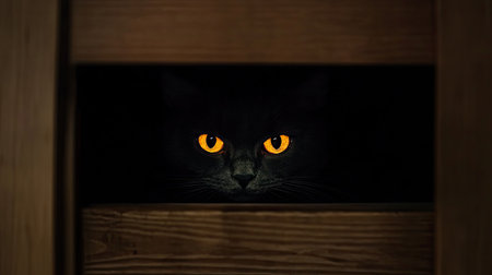 Close-up of a pair of glowing cat eyes under a dark closetの素材