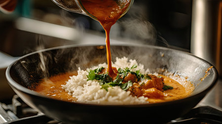 Rich red curry sauce being poured from a jug over a steaming bowl of riceの素材