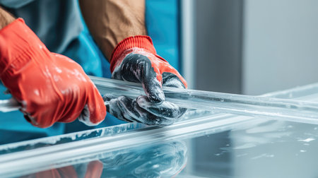 Worker securing a transparent shower door frame with silicone caulkの素材