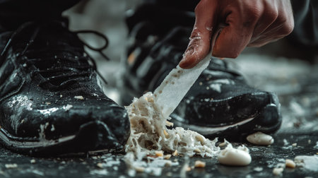 Close-up of gum being peeled off a pair of dark joggers with adhesive tapeの素材