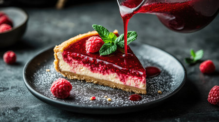 Sweet raspberry sauce being poured from a jug onto a slice of cheesecake with mint garnishの素材
