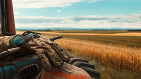 Dirty gloves placed on the hood of a dusty tractor, with fields stretching into the distanceの素材