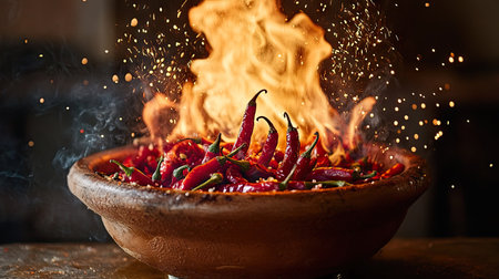Flames erupting from a bunch of chili peppers packed tightly in a clay bowl, rustic and vividの素材