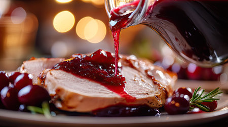 Tangy cranberry sauce being poured from a glass jug onto a slice of turkey breastの素材