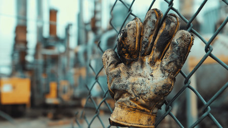 Torn and greasy gloves on a chain-link fence, with industrial equipment in the backgroundの素材