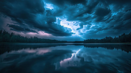 A lake under a stormy night sky, heavy clouds swirling and the water reflecting the distant lightning, creating an eerie, intense vibe.の素材