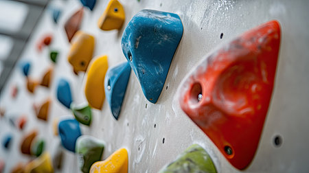 A close-up of colorful climbing holds on a modern indoor climbing wall with unique shapes.の素材