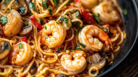 A close-up of tom yum kung with noodles, highlighting the shrimp, mushrooms, and vibrant red broth.の素材