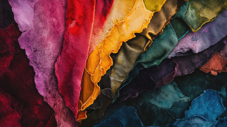 A close-up shot of colorful velour swatches with intricate textures, arranged to form a stunning color wheel.の素材