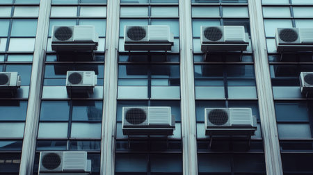 A commercial plaza with multiple modern air conditioning units aligned along the building's outer wall.の素材