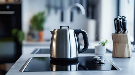 A compact electric kettle on a portable cooktop in a small, modern studio kitchen.の素材