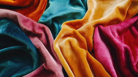 A close-up of velour fabric swatches in bright colors, layered neatly to highlight the soft texture and bold hues.の素材