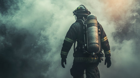 A firefighter exiting a smoky building, carrying an oxygen tank and wearing a soot-covered uniformの素材