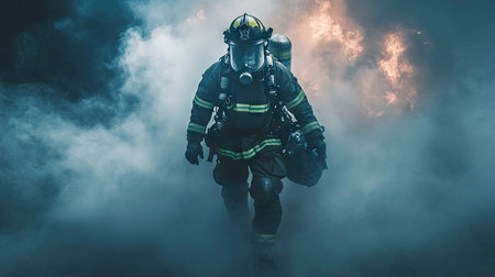 A firefighter emerging from a cloud of smoke, carrying heavy equipment and wearing a full protective suitの素材