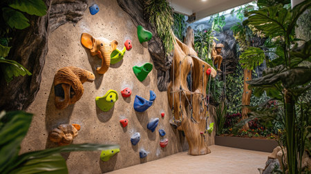 A creative rock climbing wall with a jungle theme, including animal-shaped holds.の素材