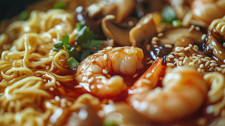 A close-up of tom yum kung with noodles, highlighting the shrimp, mushrooms, and vibrant red broth.の素材