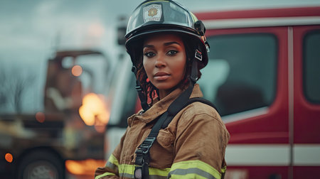 A female firefighter in full gear standing confidently in front of a fire engine, showcasing diversity in the professionの素材