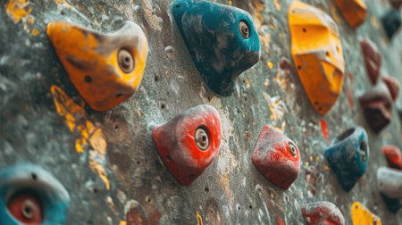 A detailed shot of chalk marks on grips of a climbing wall, showing recent use.の素材