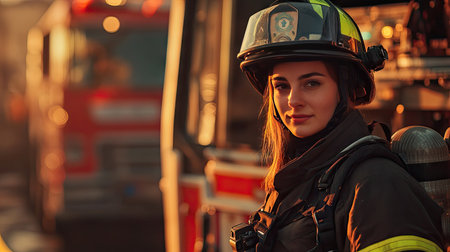 A female firefighter in full gear standing confidently in front of a fire engine, showcasing diversity in the professionの素材