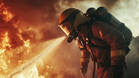 A firefighter wearing a protective uniform and helmet spraying water onto a blazing fire with thick smoke rising in the backgroundの素材