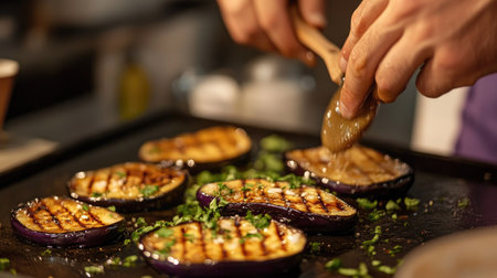 A food stylist preparing grilled eggplant for a photoshoot, sweet miso glaze being added with precisionの素材