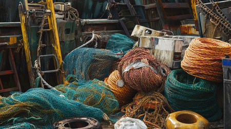 A fishing harbor scene featuring polyethylene rope rolls, nets, and buoys piled together.の素材