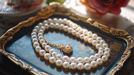 A freshwater pearl necklace with a golden clasp, placed on a decorative tray in a luxurious setting.の素材