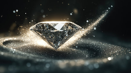 A dynamic scene of a diamond in mid-air, silver dust particles dancing around in a mesmerizing spiral.の素材