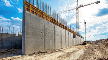 A durable prefab concrete wall with reinforced sections, enclosing a large construction site.の素材