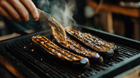 A food stylist preparing grilled eggplant for a photoshoot, sweet miso glaze being added with precisionの素材