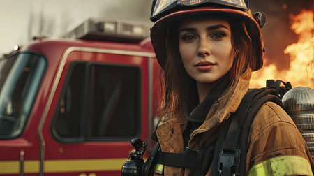 A female firefighter in full gear standing confidently in front of a fire engine, showcasing diversity in the professionの素材