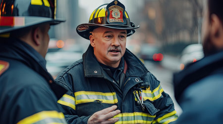 A fire chief in a distinguished protective uniform briefing a team of firefighters before an operationの素材