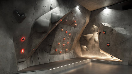 A futuristic climbing wall with LED-lit holds indicating specific routes and challenges.の素材