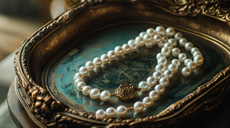 A freshwater pearl necklace with a golden clasp, placed on a decorative tray in a luxurious setting.の素材