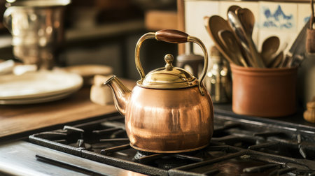 A double-handle copper kettle on a vintage cooktop, surrounded by rustic kitchen tools and decor.の素材