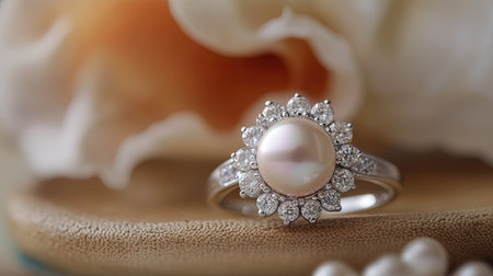 A glamorous freshwater pearl ring with a perfect round pearl centerpiece, surrounded by sparkling diamonds.の素材