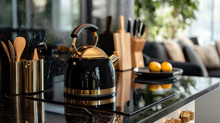 A contemporary black and gold kettle on a sleek stove, with a clean, modern kitchen aesthetic.の素材