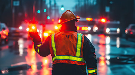 A firefighter directing traffic at a fire scene, dressed in a reflective jacket with emergency lights flashing nearbyの素材