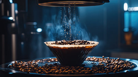 A drip coffee process in motion, with water pouring into the filter and coffee beans visible in the foreground.の素材